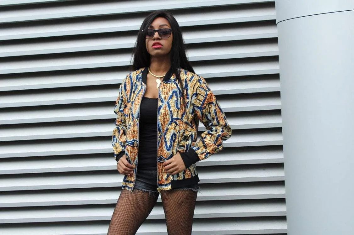 Festival Bomber Jacket in Gold Blue Ankara