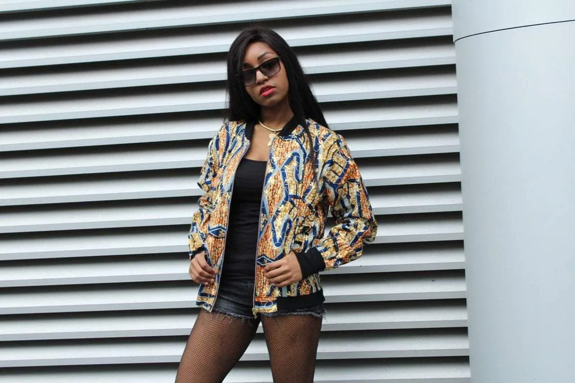 Festival Bomber Jacket in Gold Blue Ankara