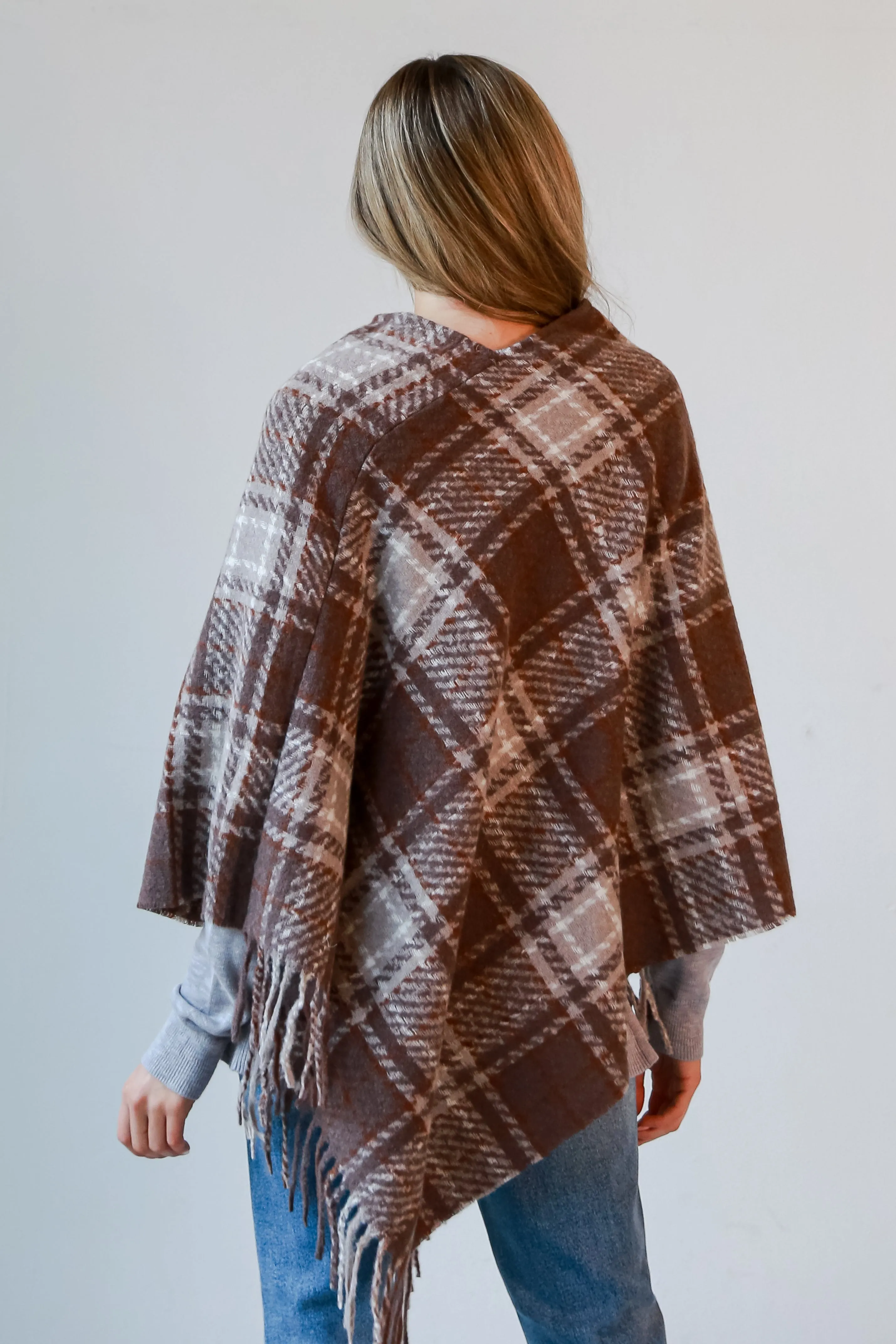 FINAL SALE - Happily Cozy Taupe Plaid Fringe Poncho - DOORBUSTER