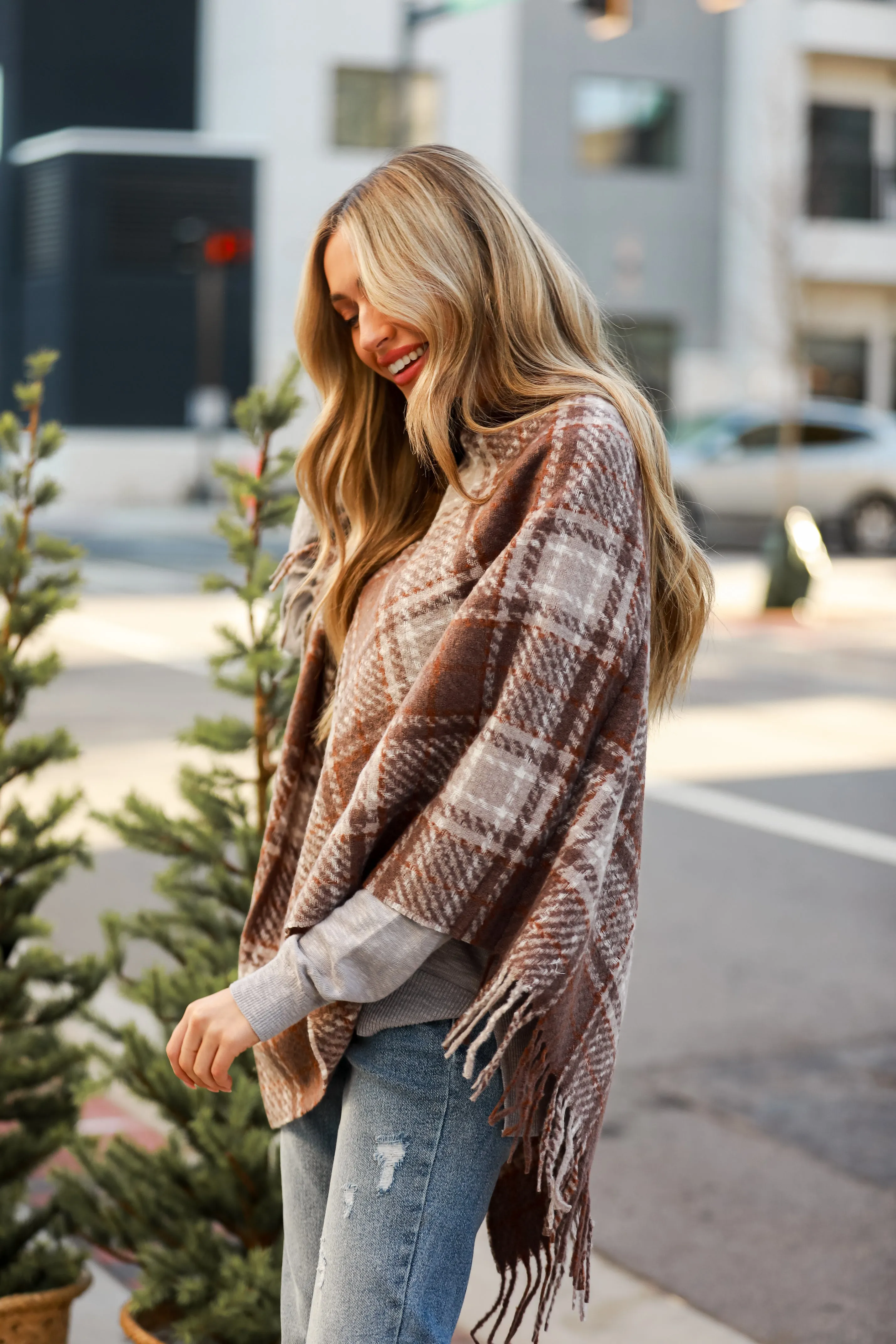 FINAL SALE - Happily Cozy Taupe Plaid Fringe Poncho - DOORBUSTER