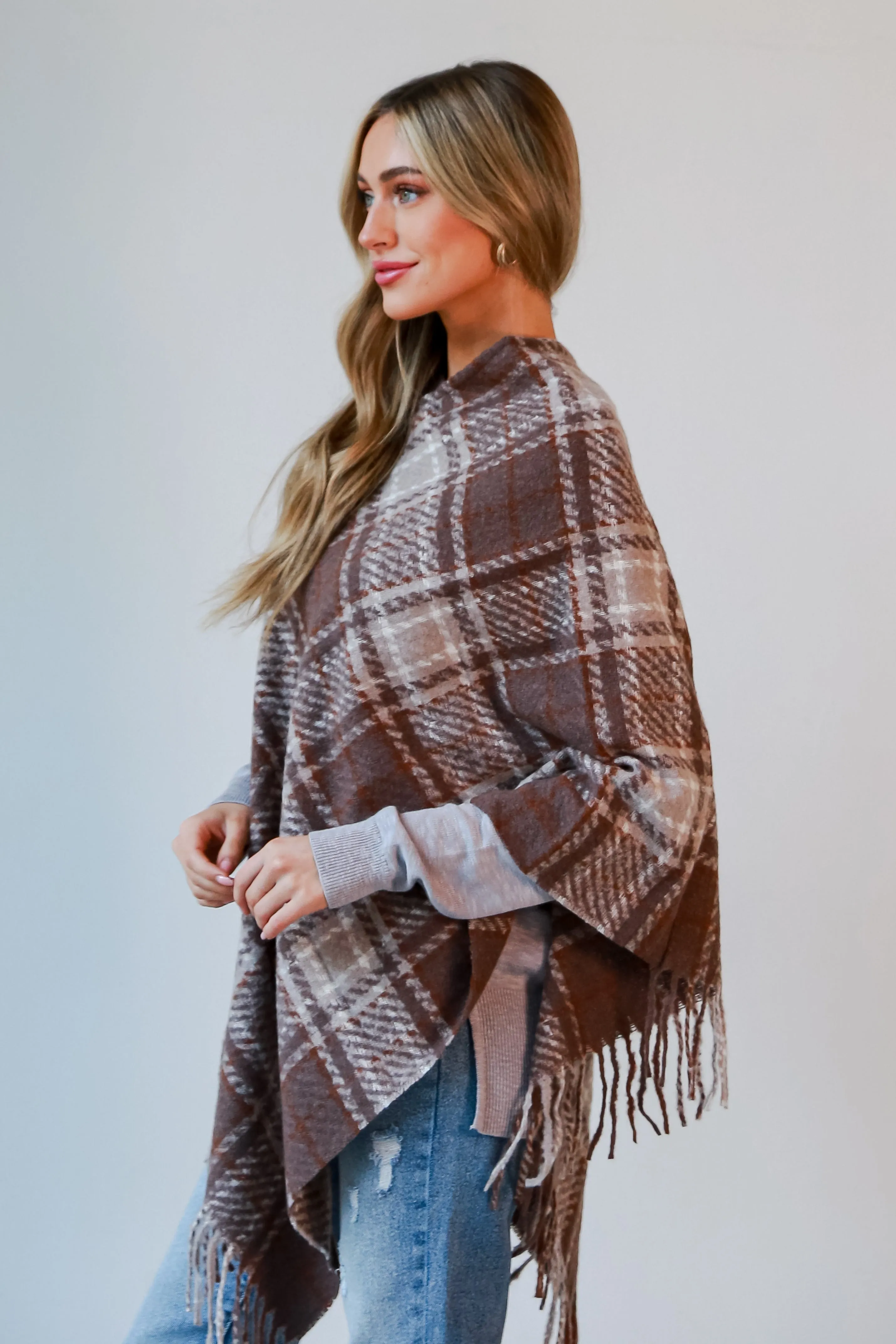 FINAL SALE - Happily Cozy Taupe Plaid Fringe Poncho - DOORBUSTER