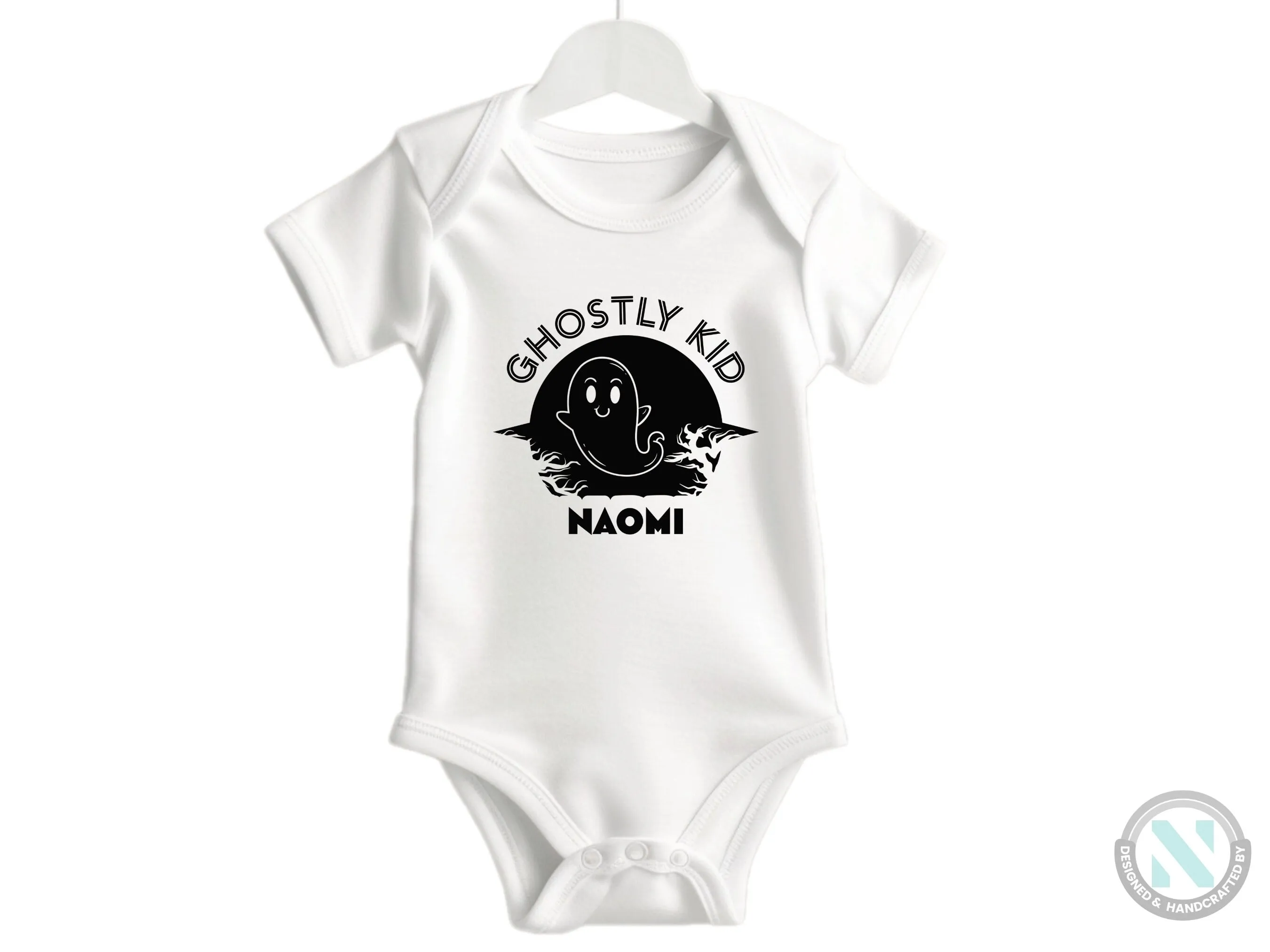 First Halloween Personalize Name Baby Girl Bodysuit With Ghostly Kid