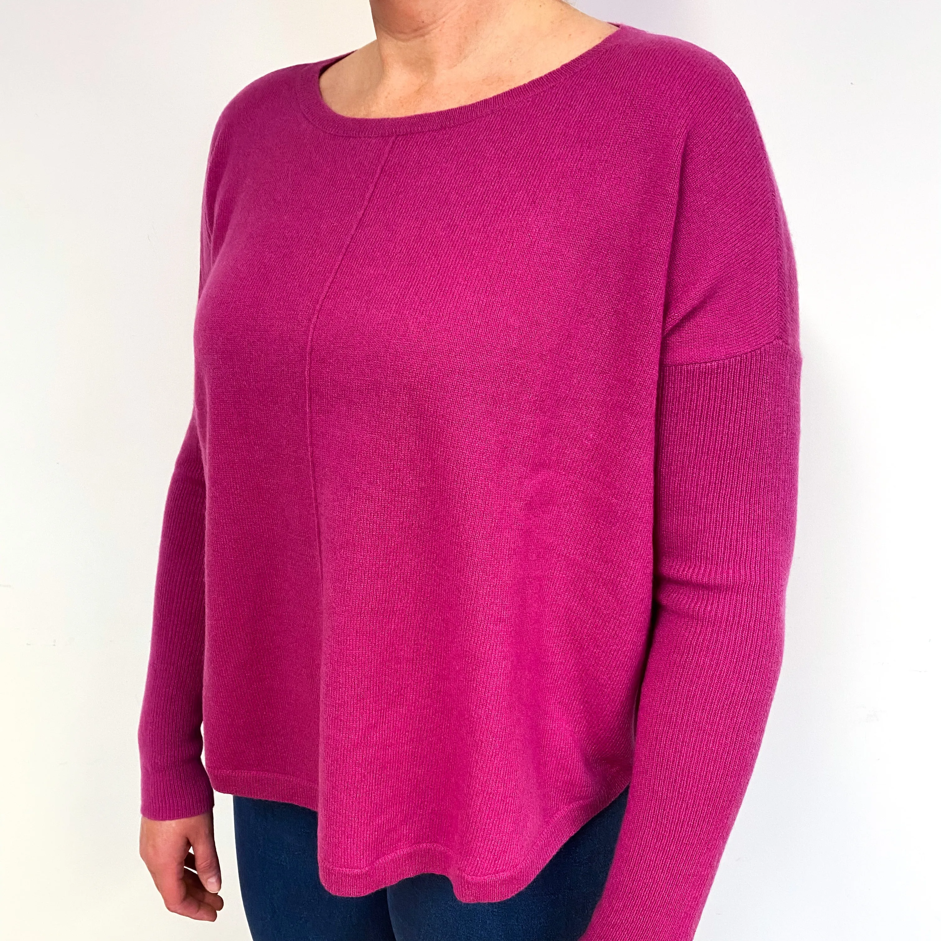 Fuchsia Pink Slouchy Cashmere Crew Neck Jumper Large