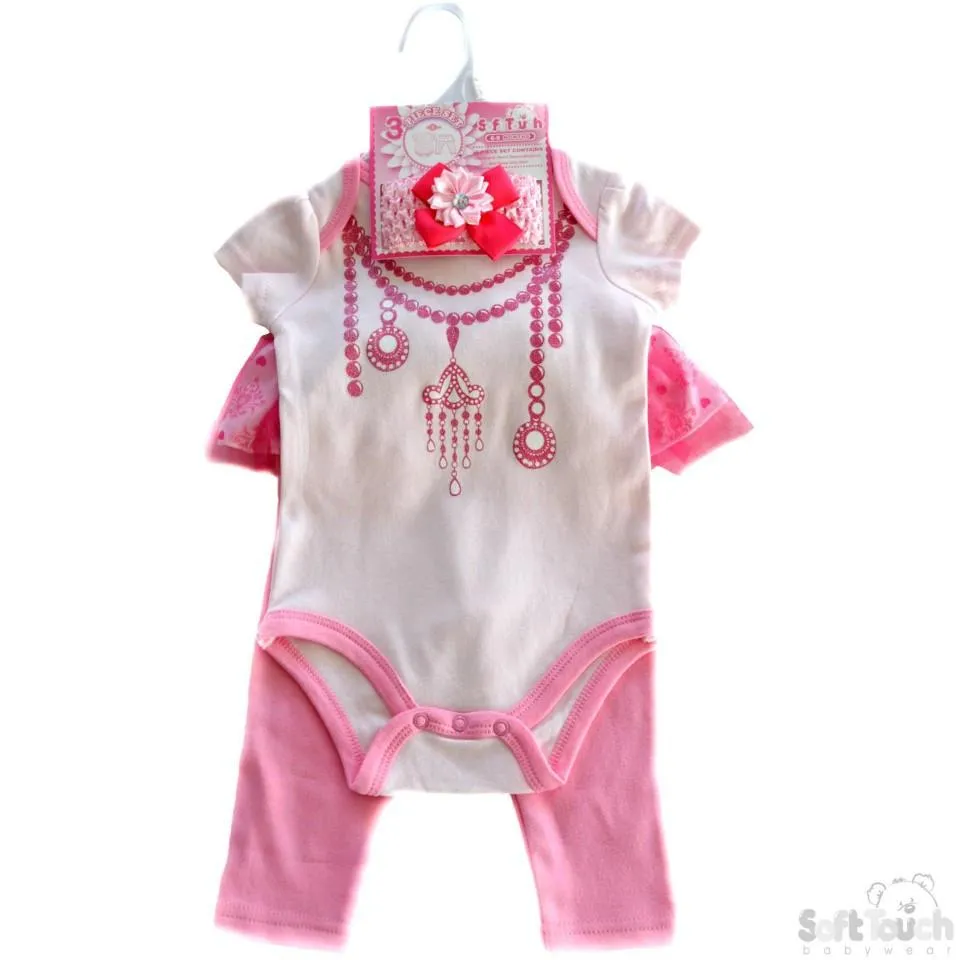 Girls Pearl Necklace Headband, Bodysuit & Pants Set: BG76