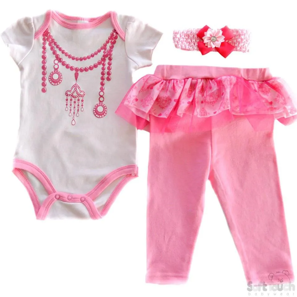 Girls Pearl Necklace Headband, Bodysuit & Pants Set: BG76