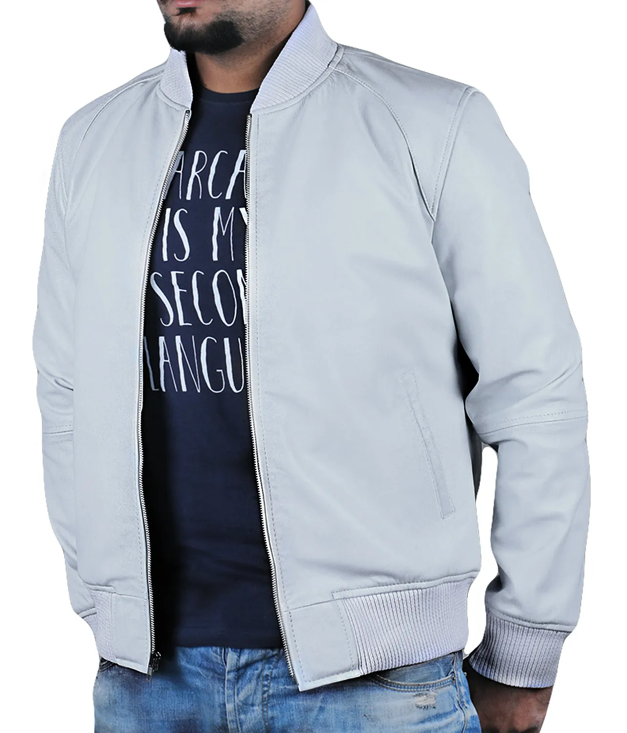 Glintix Navy Blue Bomber Leather Jacket