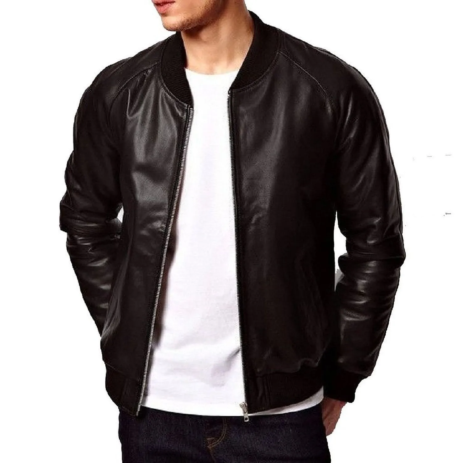 Glintix Navy Blue Bomber Leather Jacket