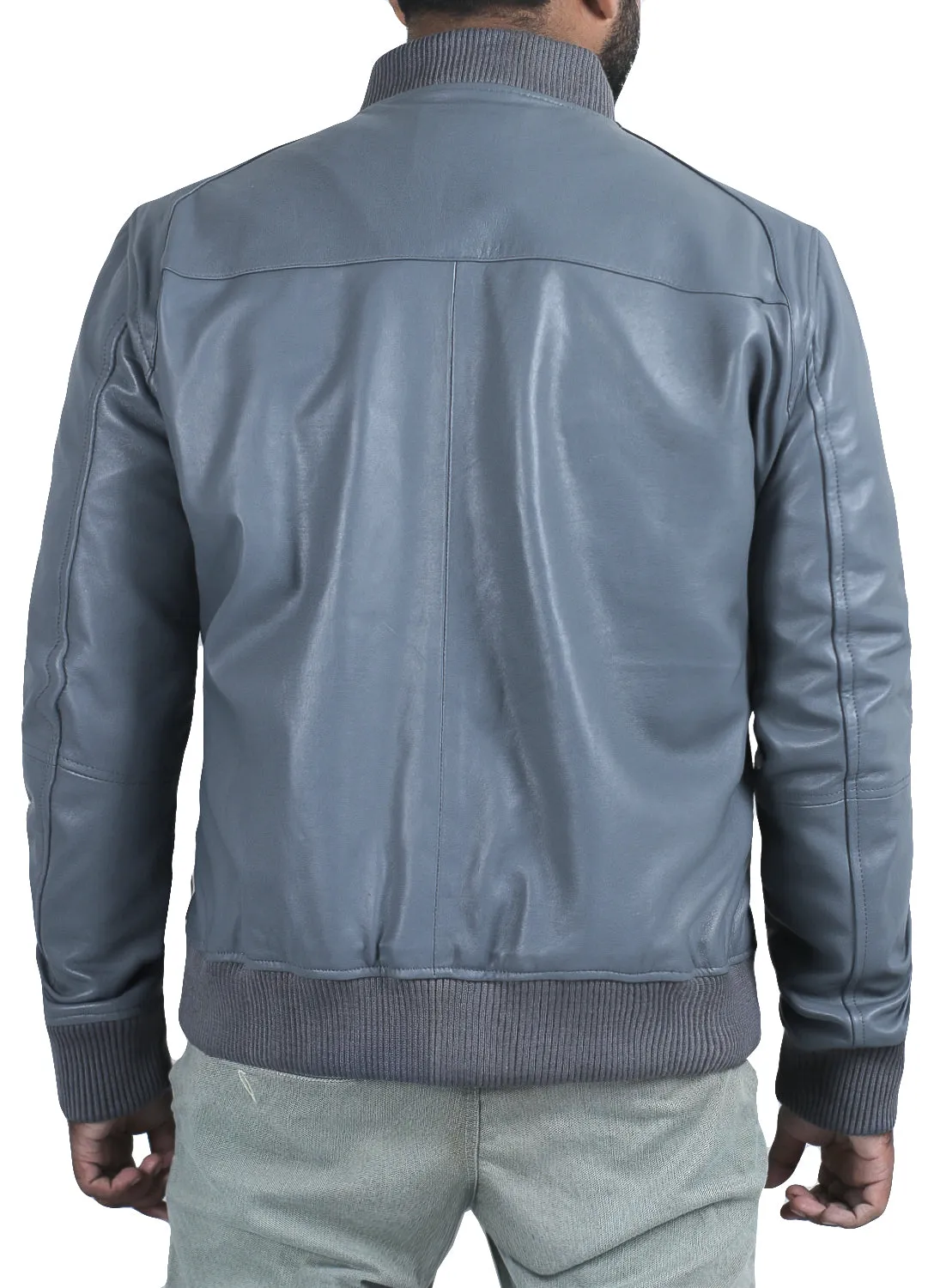 Glintix Navy Blue Bomber Leather Jacket