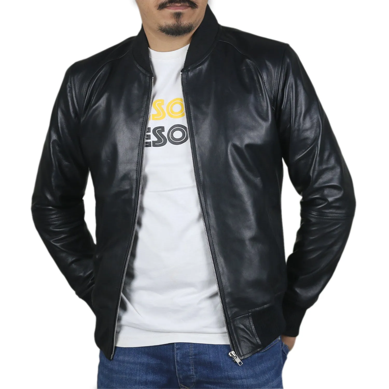 Glintix Navy Blue Bomber Leather Jacket