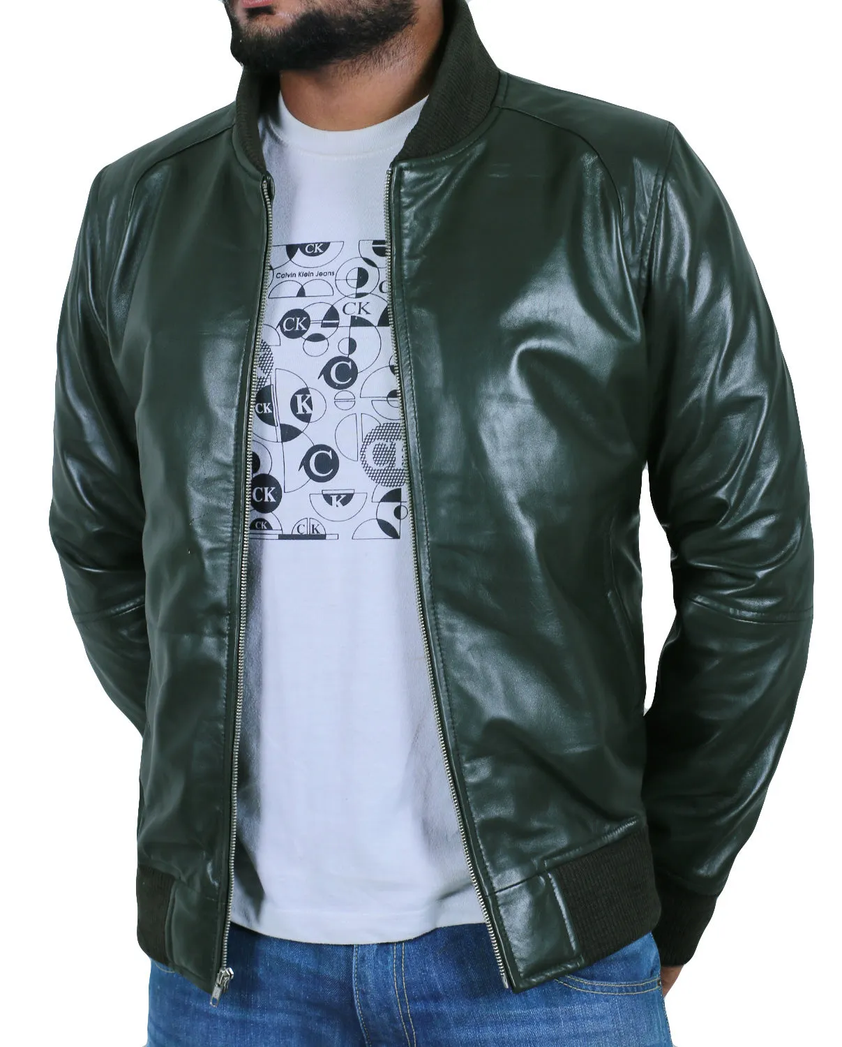 Glintix Navy Blue Bomber Leather Jacket