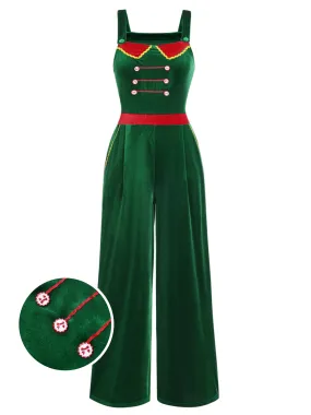 Green 1940s Velvet Button-Embellished Jumpsuit