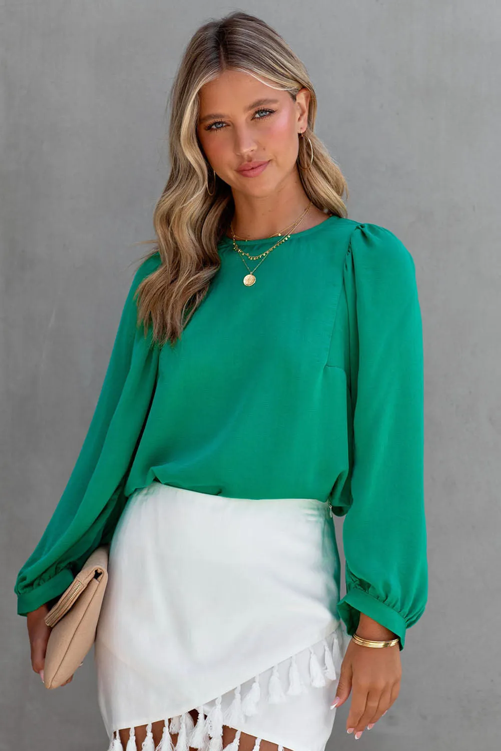 Green Satin Puff Long Sleeve Crewneck Blouse