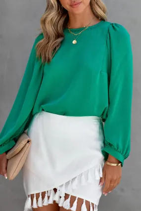 Green Satin Puff Long Sleeve Crewneck Blouse