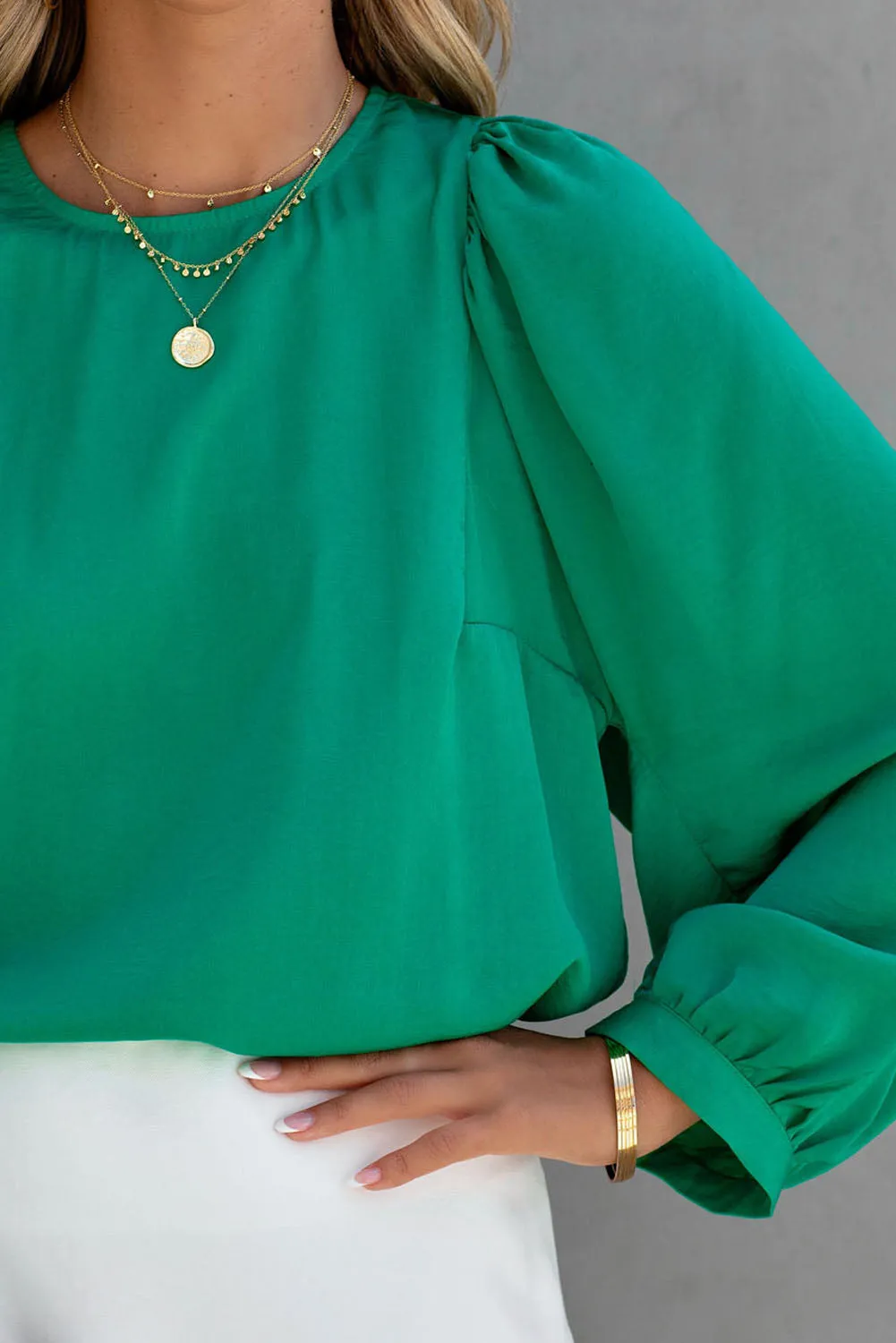 Green Satin Puff Long Sleeve Crewneck Blouse