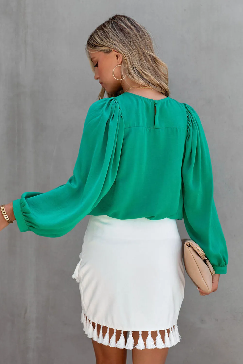 Green Satin Puff Long Sleeve Crewneck Blouse