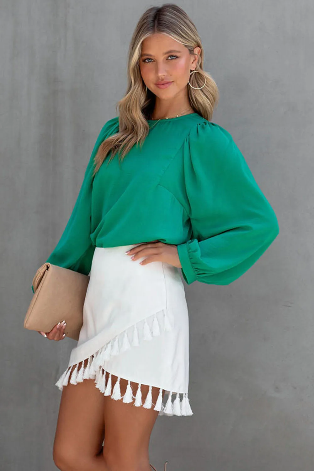 Green Satin Puff Long Sleeve Crewneck Blouse