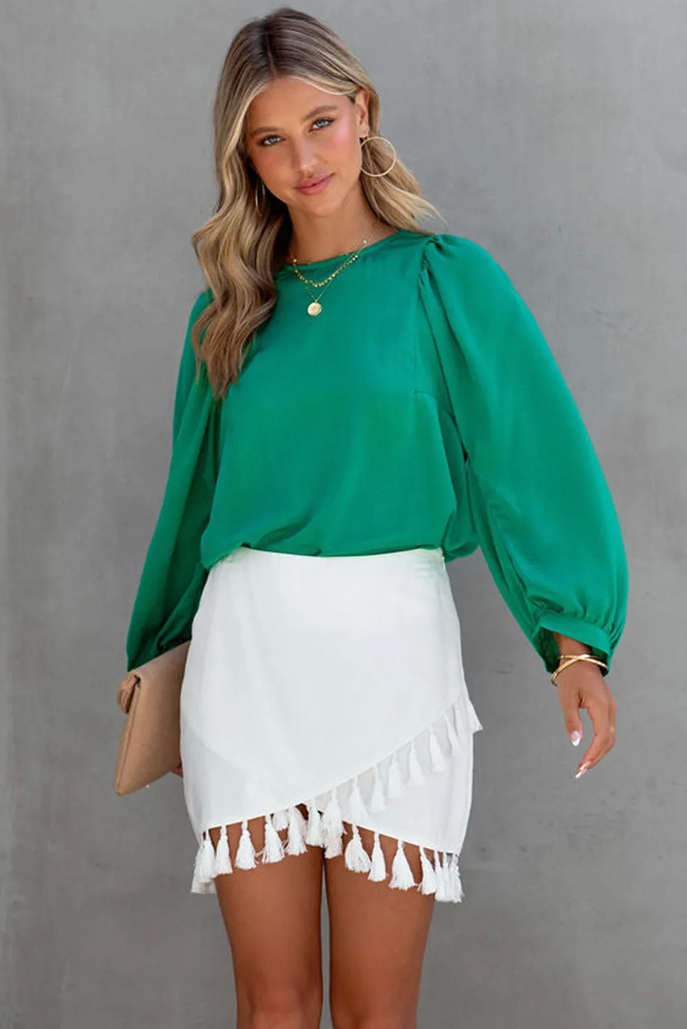 Green Satin Puff Long Sleeve Crewneck Blouse