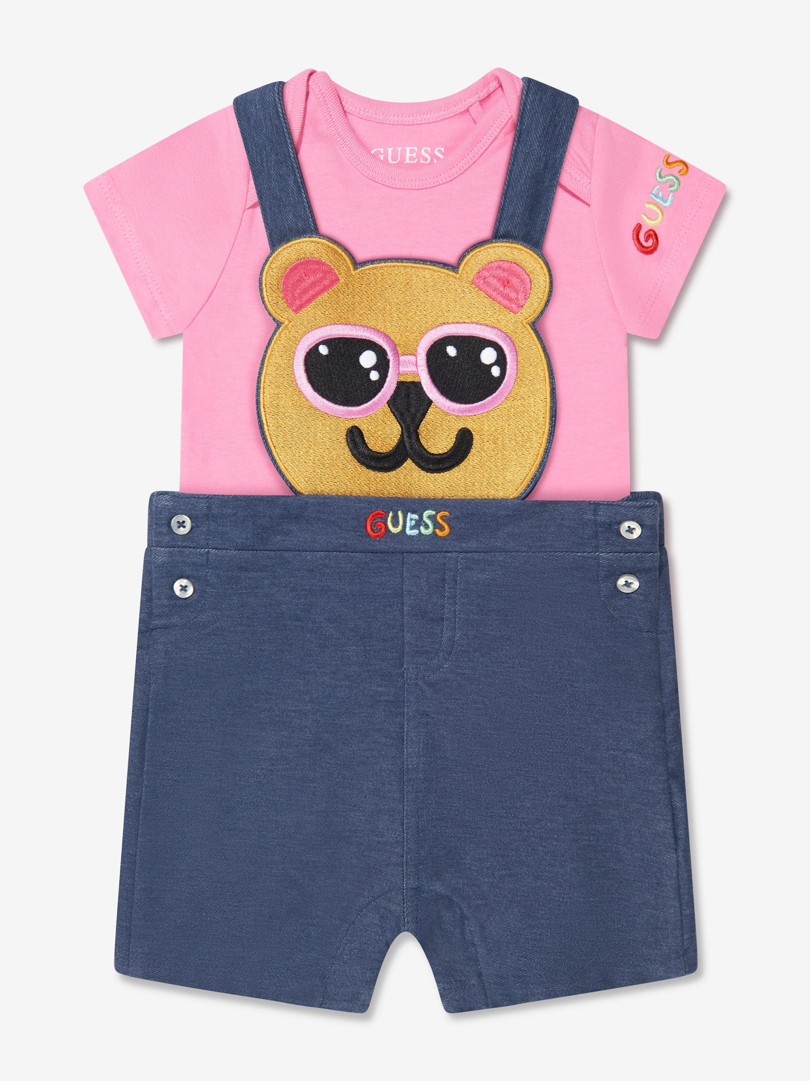 Guess Baby Girls Bodysuit And Knit Denim Shortall in Pink