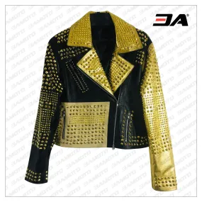 Handmade Women Black & Golden Leather Studded Punk Style Jacket