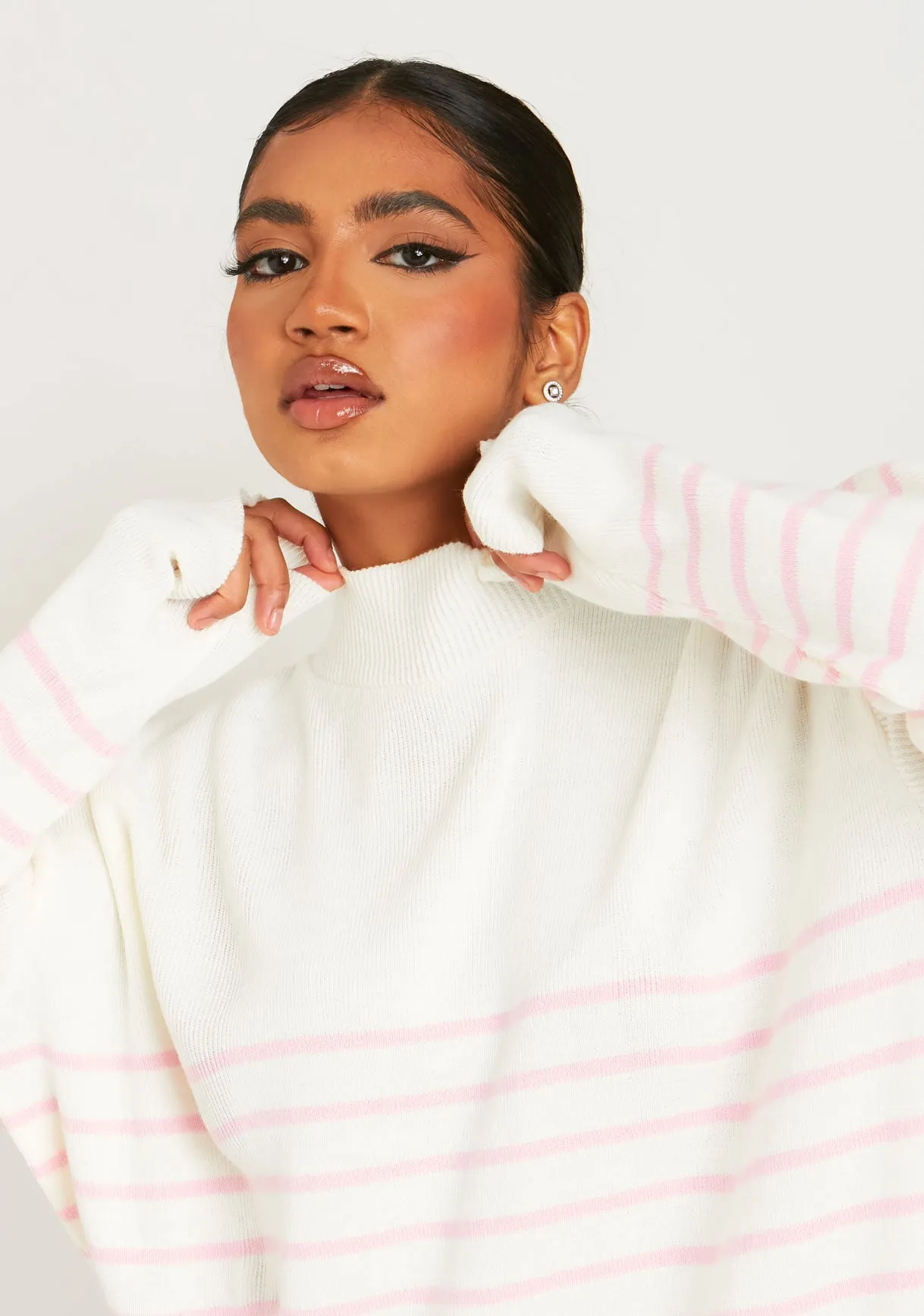 Harriett Pink & Cream High Neck Oversized Long Sleeve Jumper