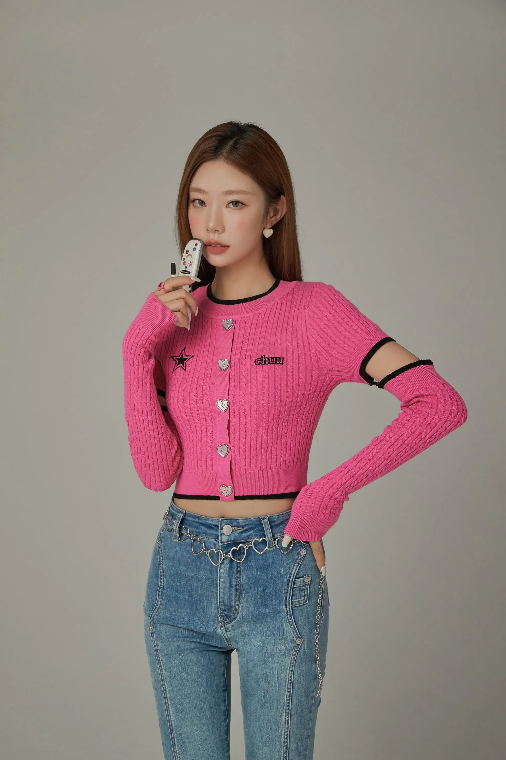 Heart Button Cutout Knit Top