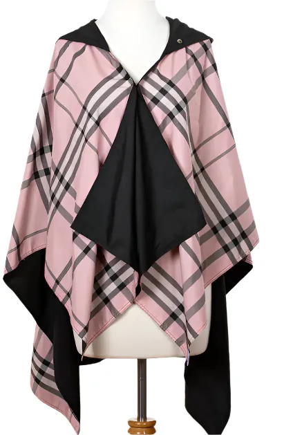 HOODED BLACK & PINK PLAID RAINRAP