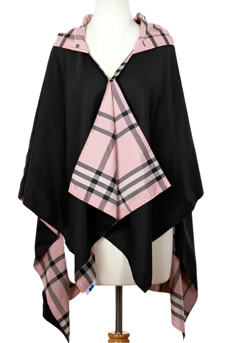 HOODED BLACK & PINK PLAID RAINRAP