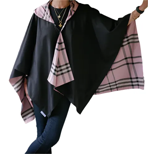 HOODED BLACK & PINK PLAID RAINRAP