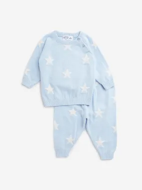 HOP Baby Light Blue Printed Cotton Sweater with Joggers Set