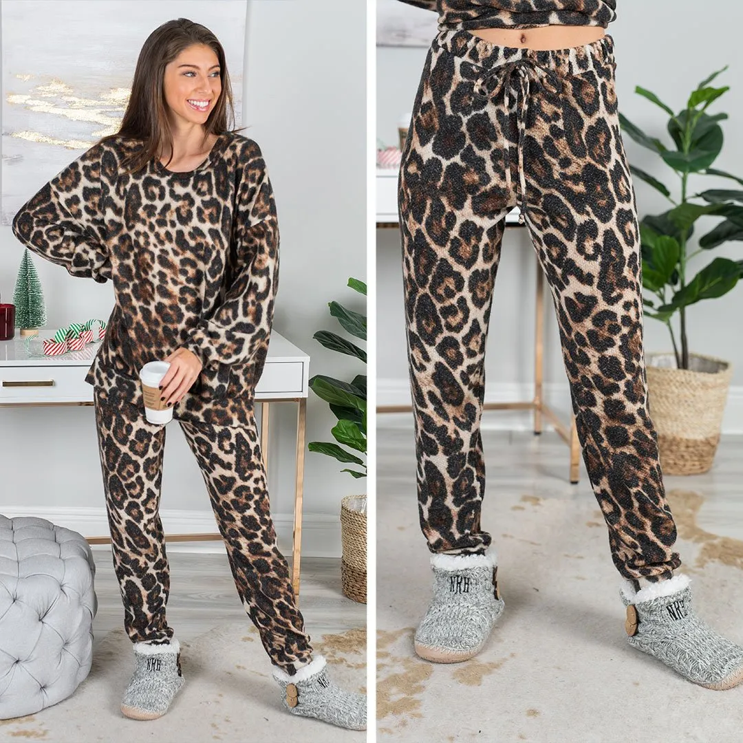 In The Jungle Mocha Brown Leopard Pajama Joggers