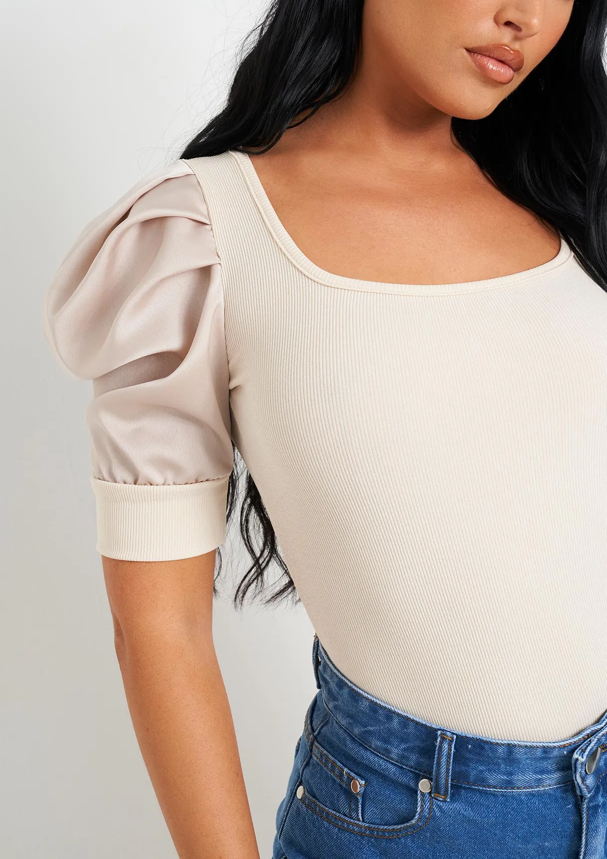 Jade Beige Puff Sleeve Square Neck Bodysuit