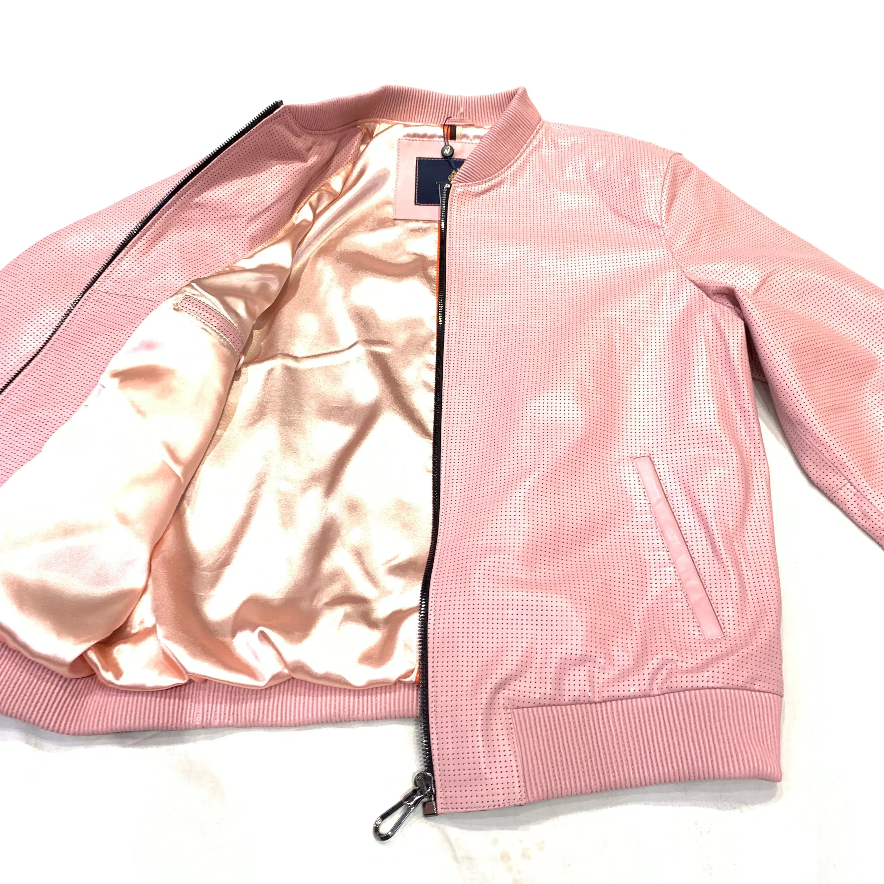 Kashani Baby Pink Perforated Lambskin Bomber Jacket