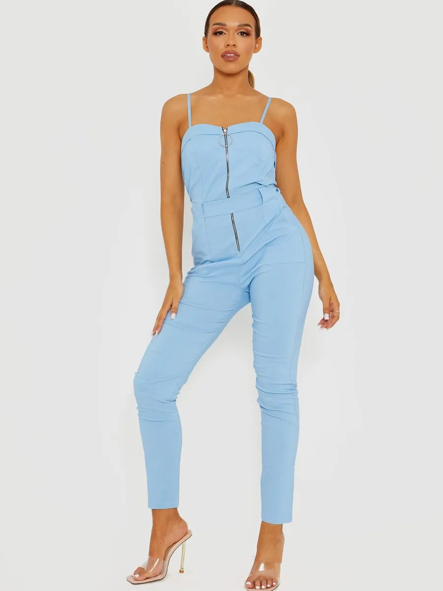 Keyra Zip Front Belted Cami Jumpsuit In Blue