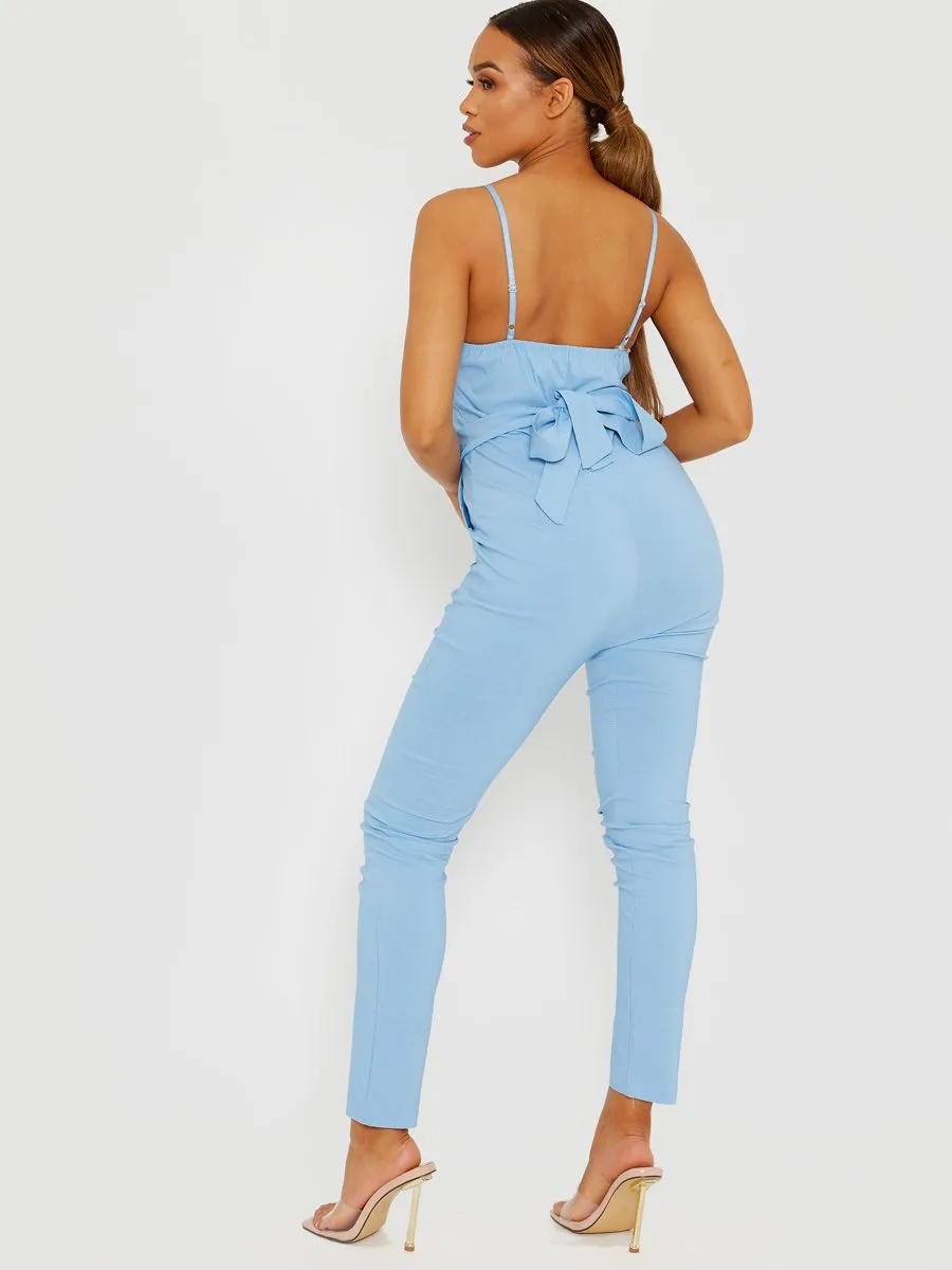 Keyra Zip Front Belted Cami Jumpsuit In Blue