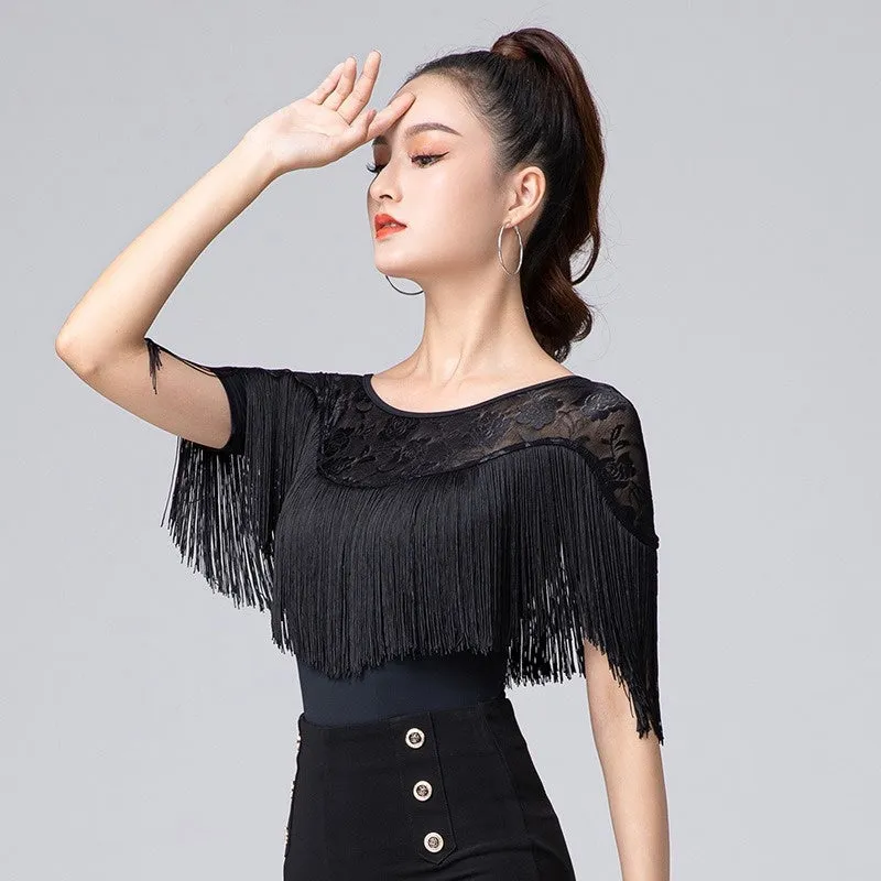 Lace Floral Short Sleeve Latin/Ballroom Top