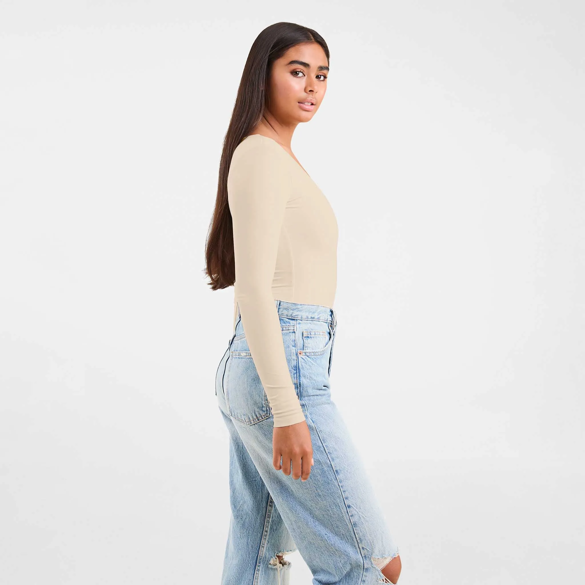 Long Sleeve Scoop Neck Bodysuit | Bone