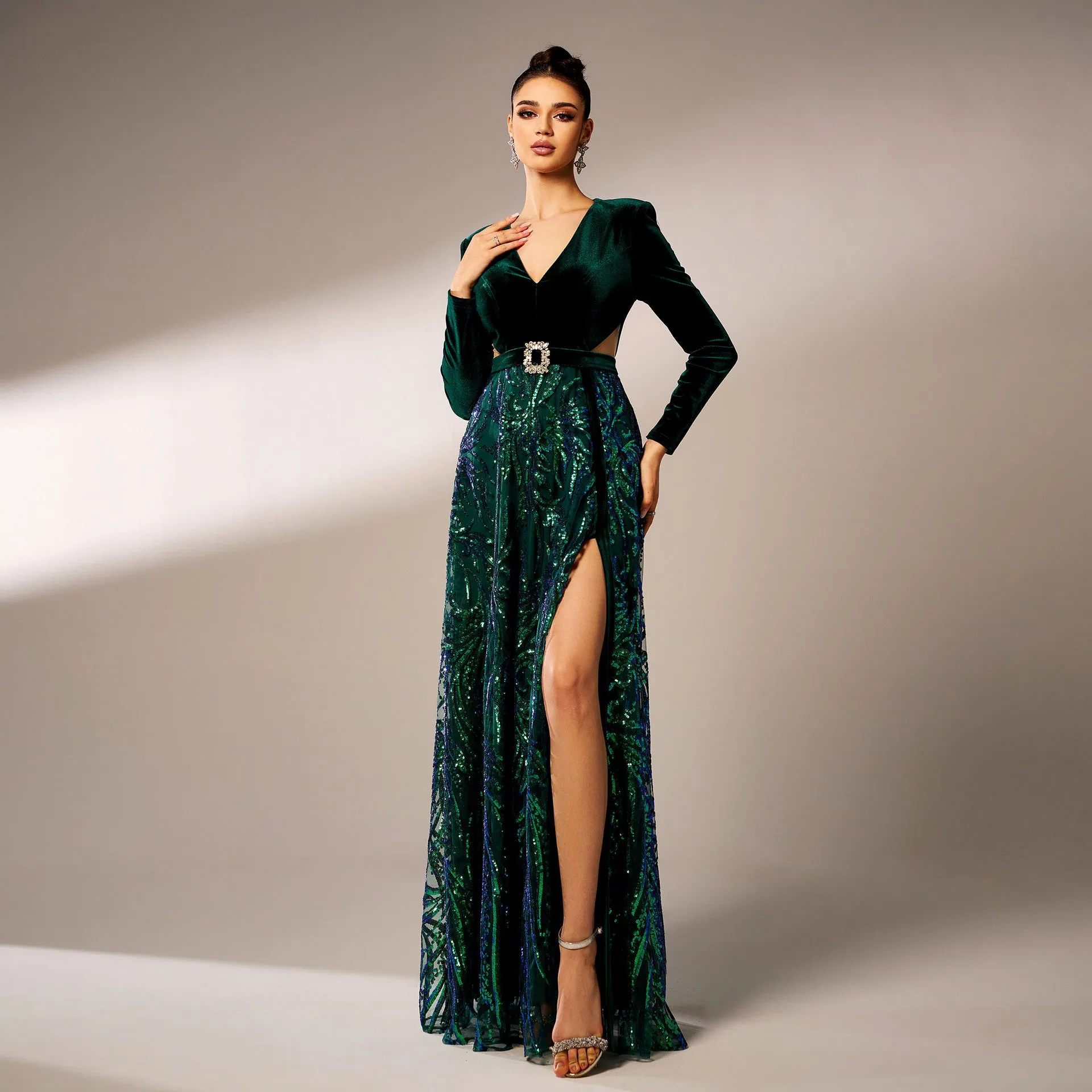Long Sleeved V Neck Sequined Split Green Evening Dress
