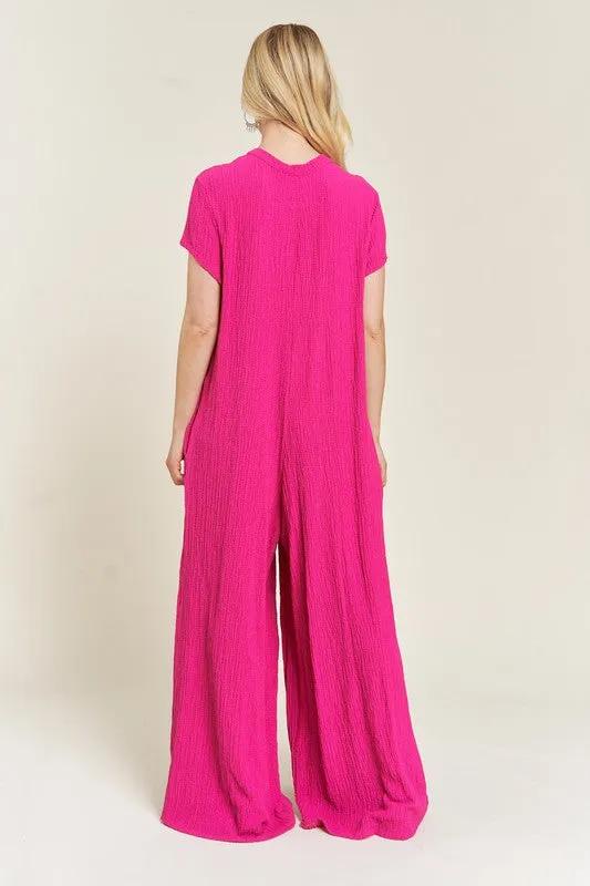 Loose Fit Fuschia Pink Textured Short Sleeve Jumpsuit