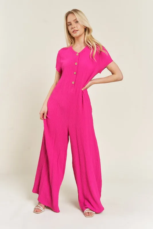 Loose Fit Fuschia Pink Textured Short Sleeve Jumpsuit