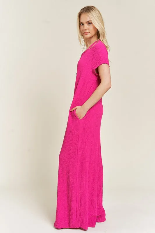 Loose Fit Fuschia Pink Textured Short Sleeve Jumpsuit