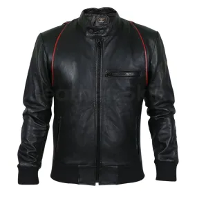 Men Black Genuine Leather jacket with Red Stripe Design