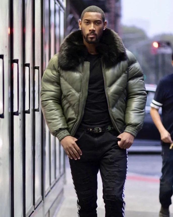 Men V Bomber Jacket - Olive Green ( Black Fur)