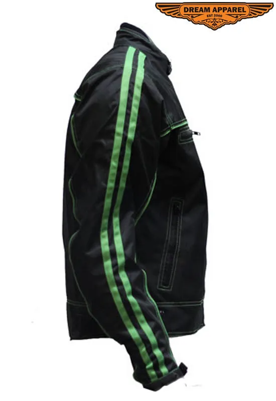 Men's Black Lightweight Textile Jacket W/ Green Stripes