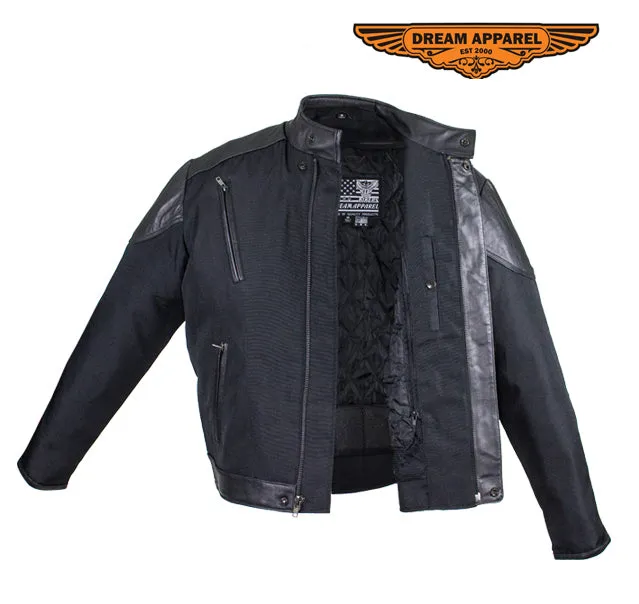 Men's Black Racer Style Textile Jacket W/ Leather Patches