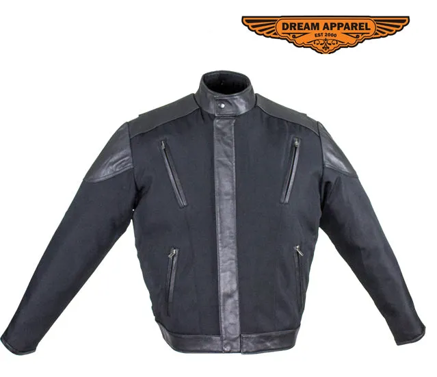 Men's Black Racer Style Textile Jacket W/ Leather Patches