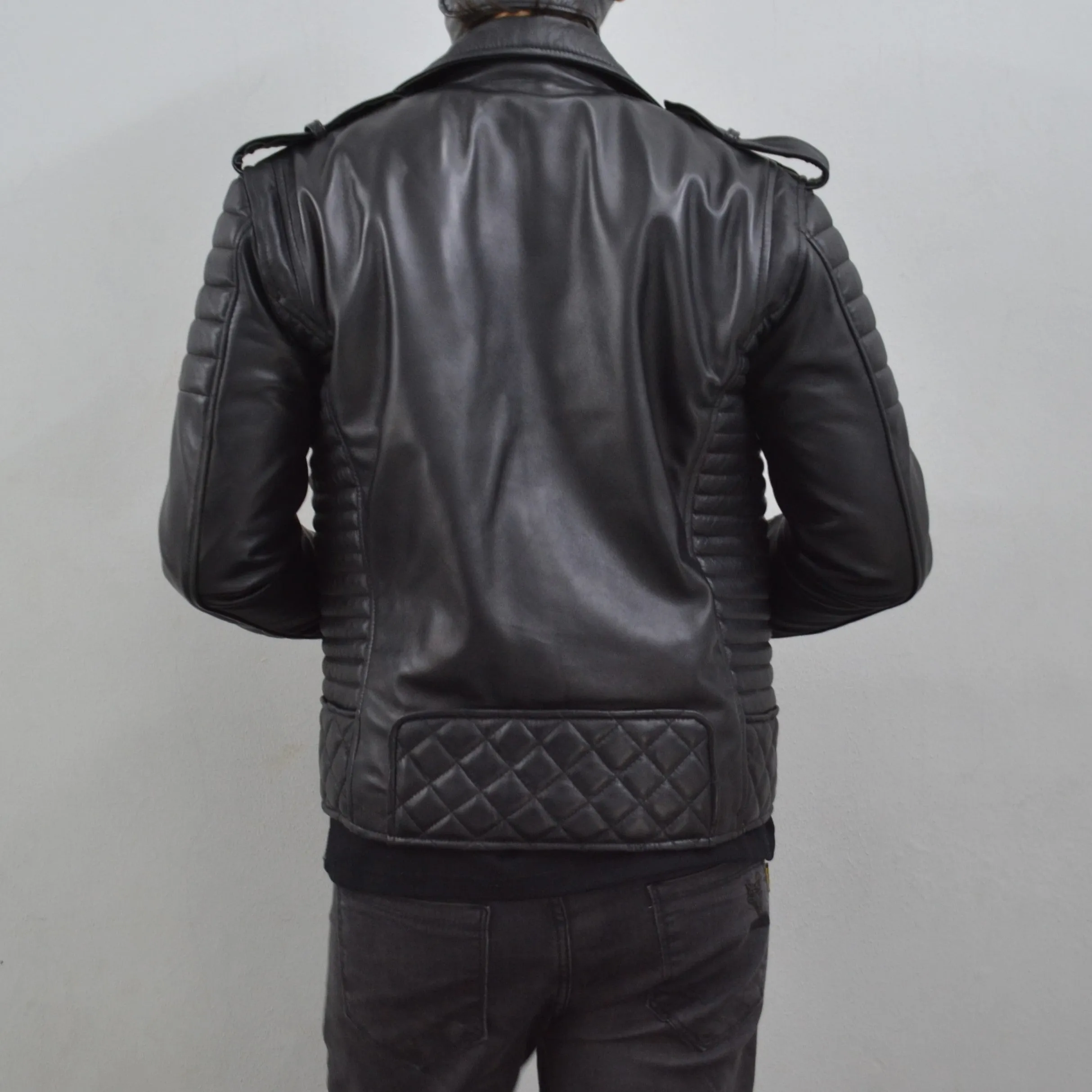 Men's Brando Black Golden Hardware Quilted Padded Genuine Leather Biker Jacket