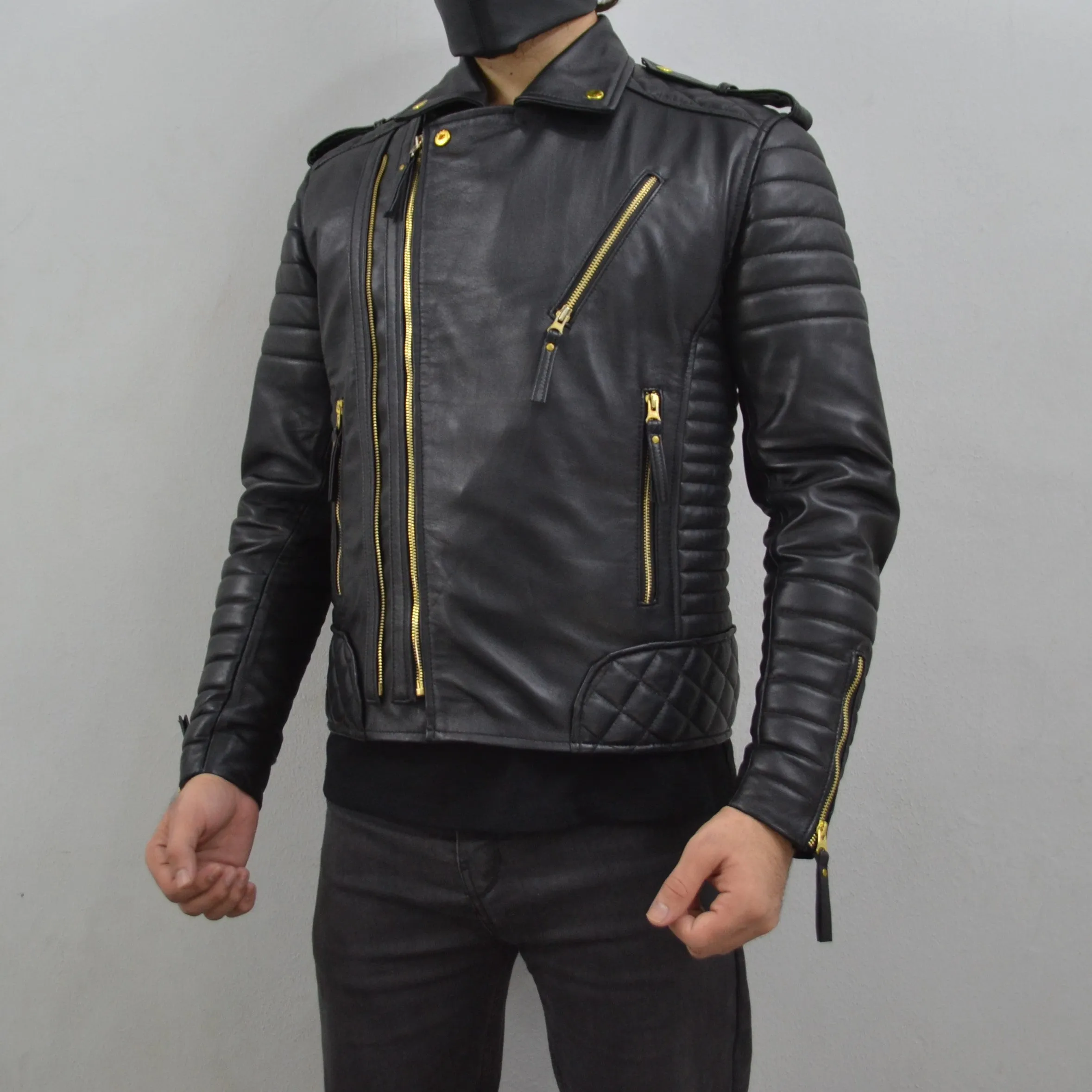 Men's Brando Black Golden Hardware Quilted Padded Genuine Leather Biker Jacket