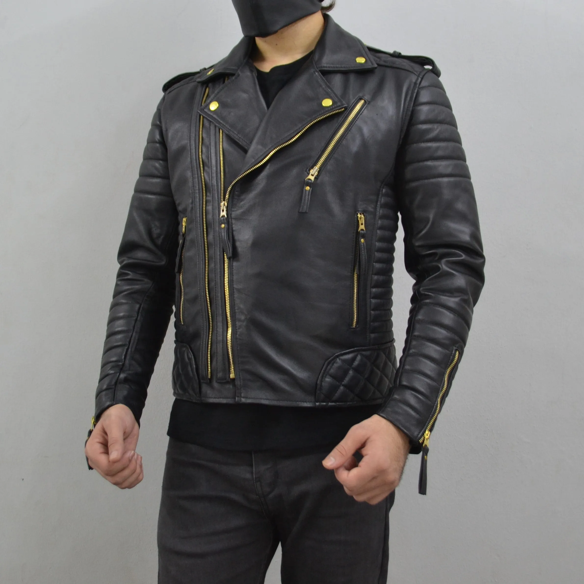 Men's Brando Black Golden Hardware Quilted Padded Genuine Leather Biker Jacket