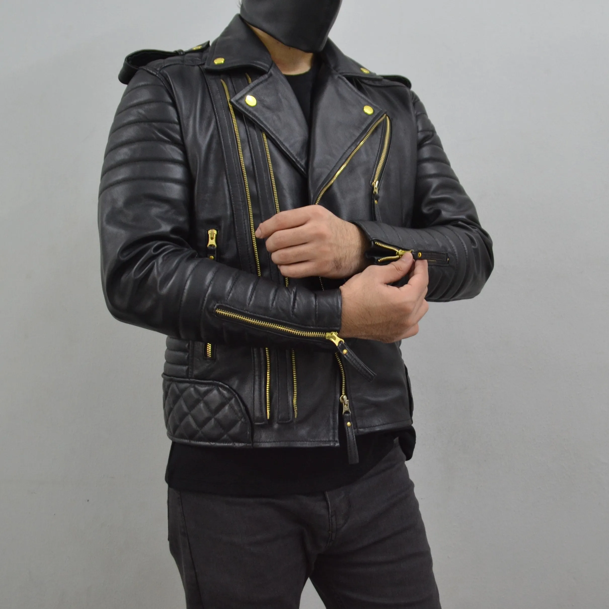 Men's Brando Black Golden Hardware Quilted Padded Genuine Leather Biker Jacket