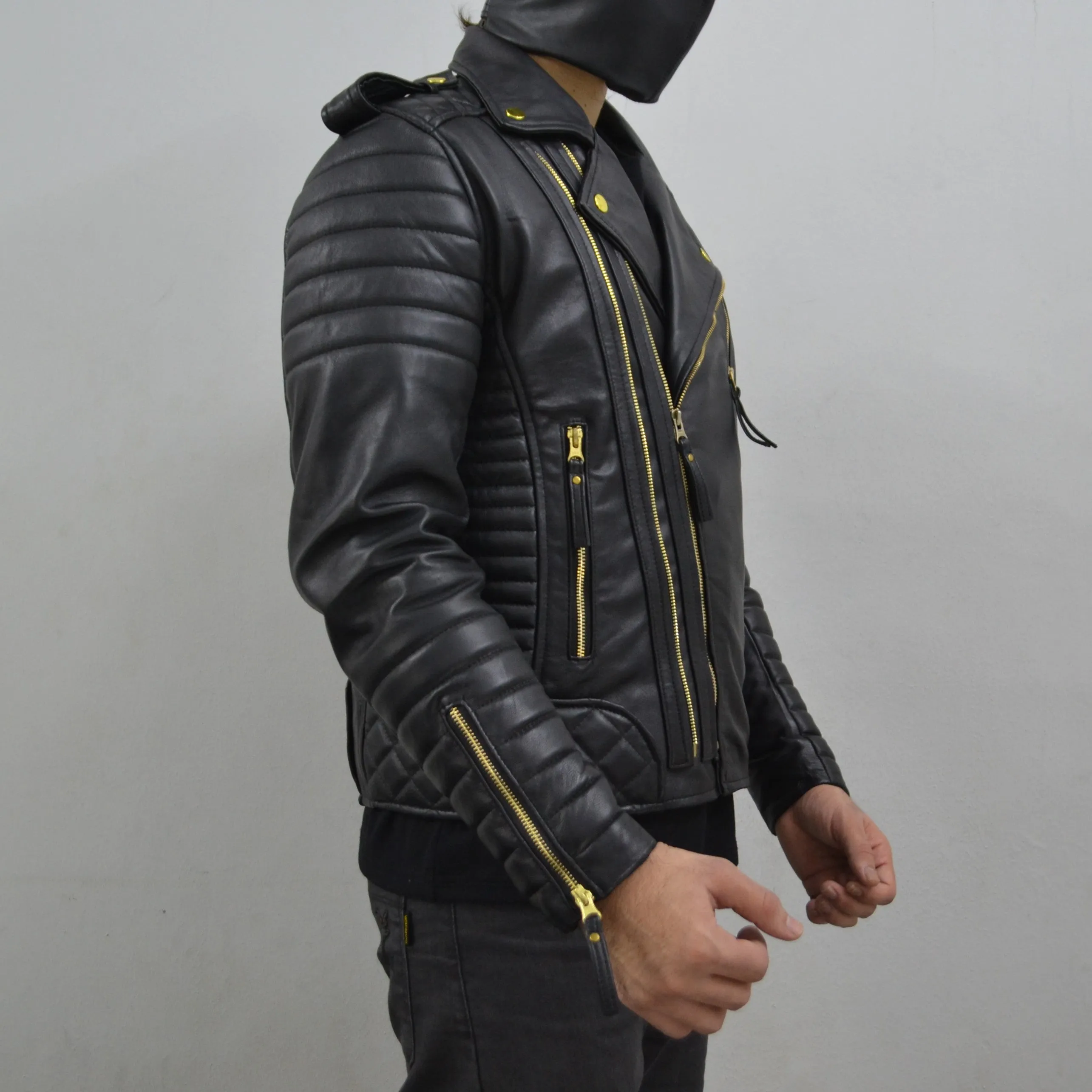 Men's Brando Black Golden Hardware Quilted Padded Genuine Leather Biker Jacket